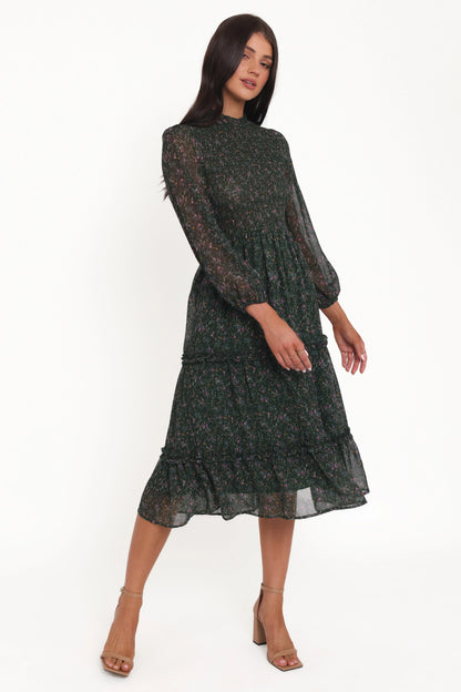 Edwina Shirred Frill Long Sleeve Midi Dress Olive Floral