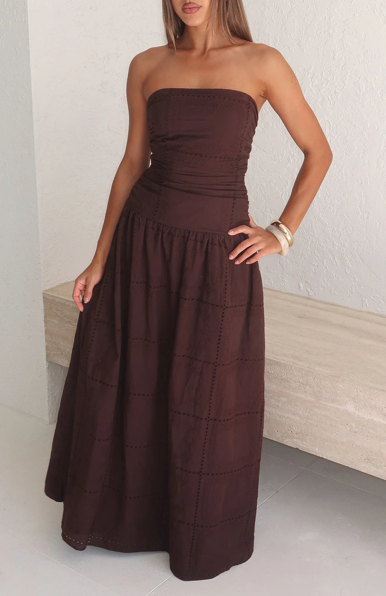 Bittersweet Babe Strapless Broderie Maxi Dress Chocolate