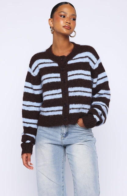 Ice Bae Stripe Knit Cardigan Blueberry Chocolate Stripe