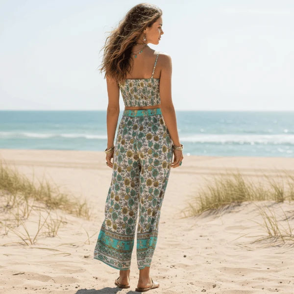 Sage Floral Crop Top Wide Leg Pants Set