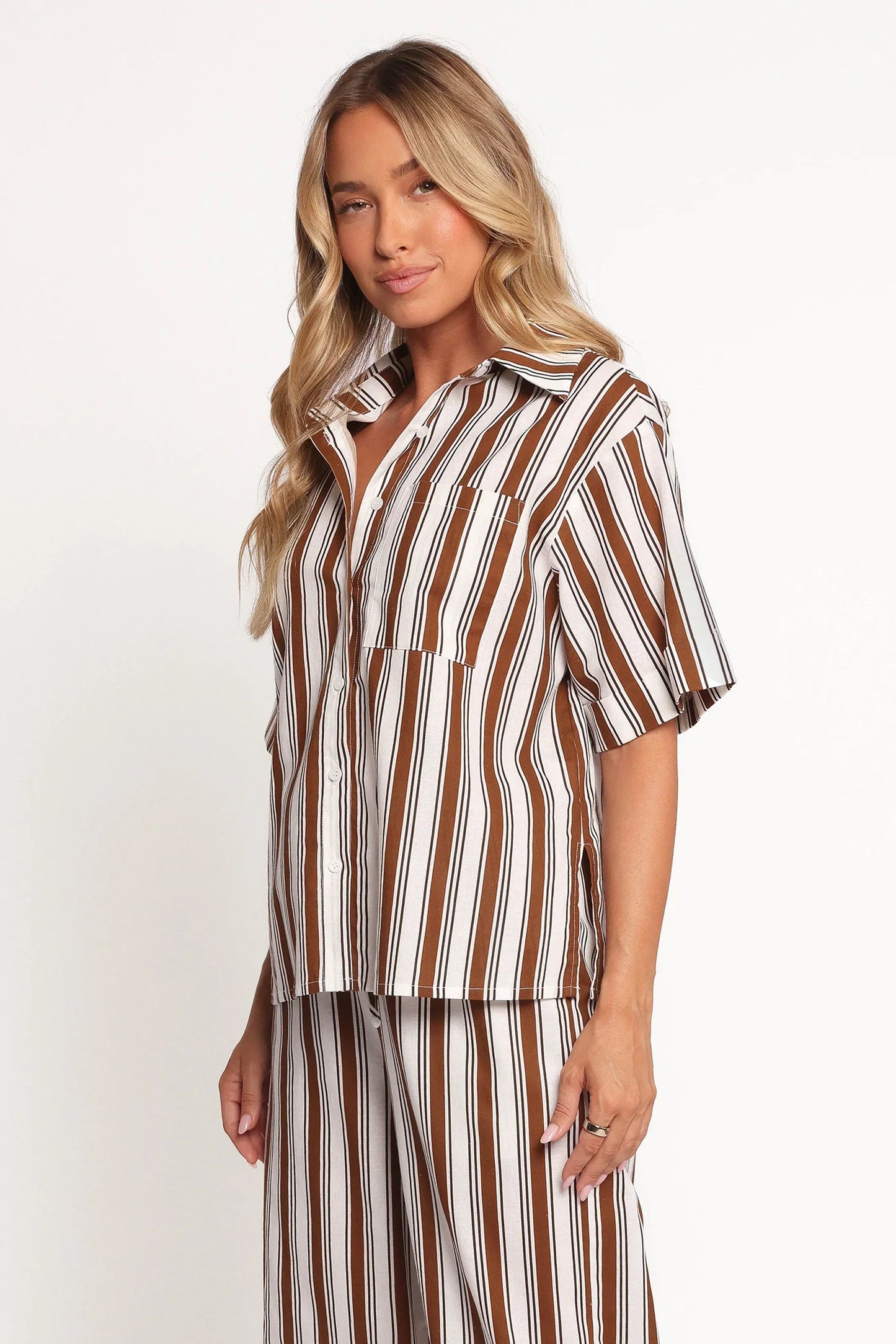 Thalia Short Sleeve Shirt Chocolate Stripe