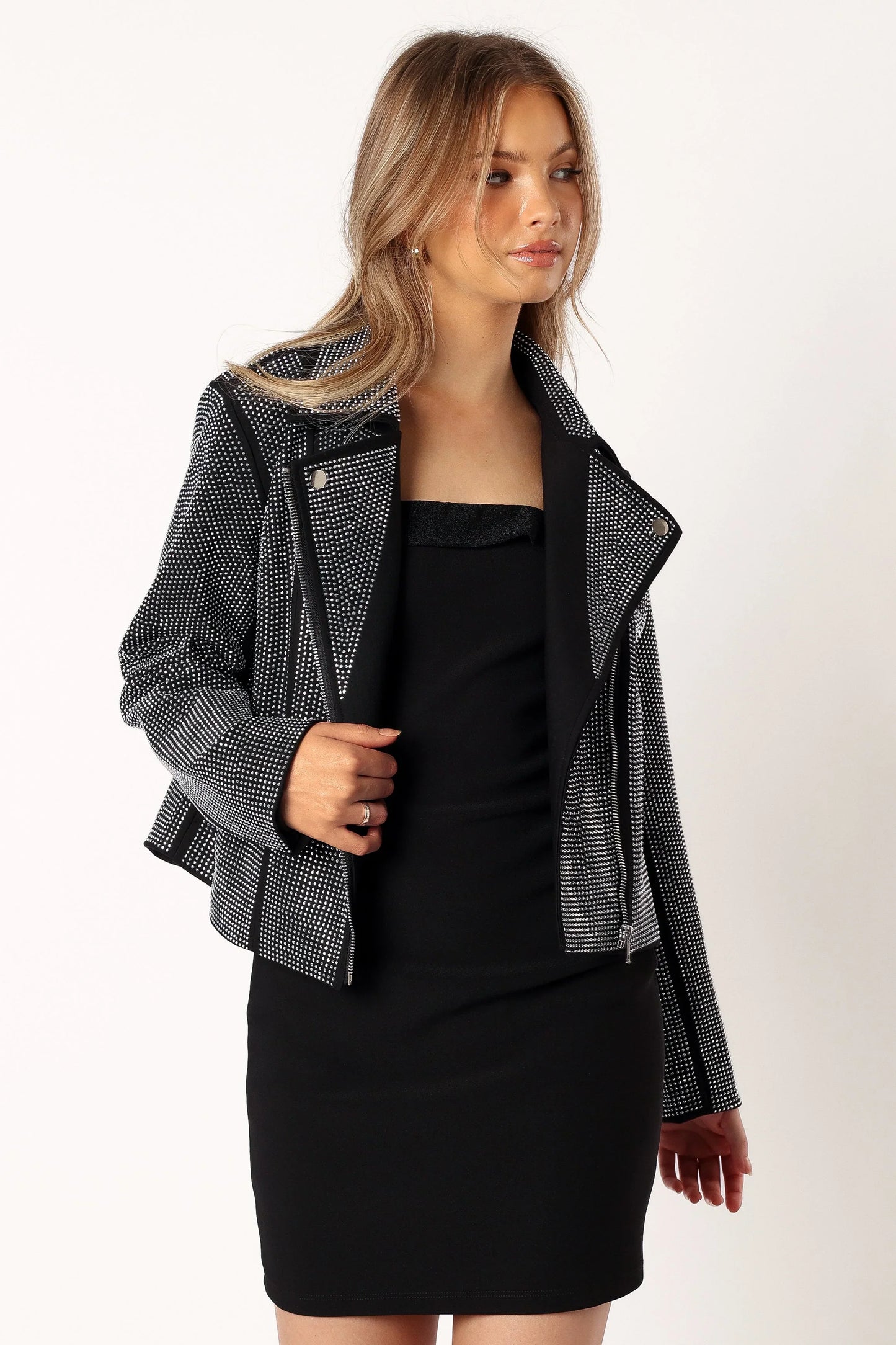 Elaina Crystal Studded Moto Jacket Black