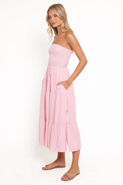 Maisie Strapless Midi Dress Pink Stripe
