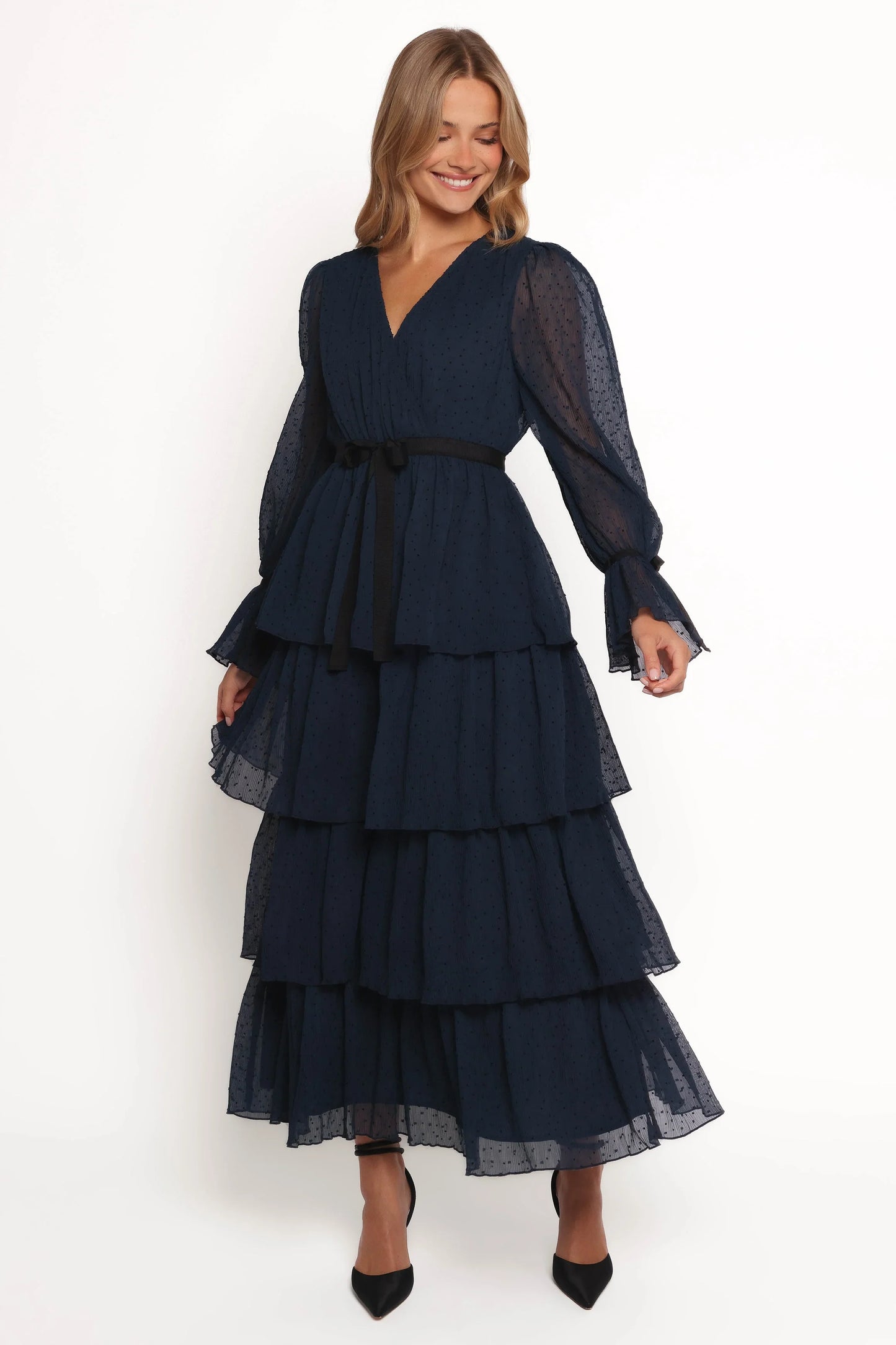 Antoinette Long Sleeve Tiered Maxi Dress Navy