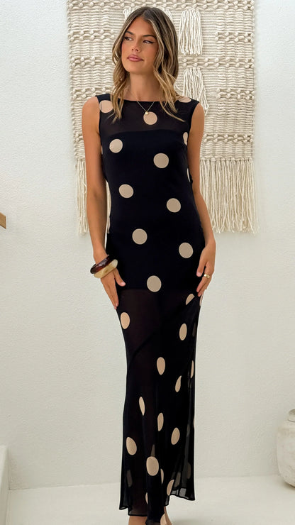 Beverly Maxi Dress Black Cream Polka Dot