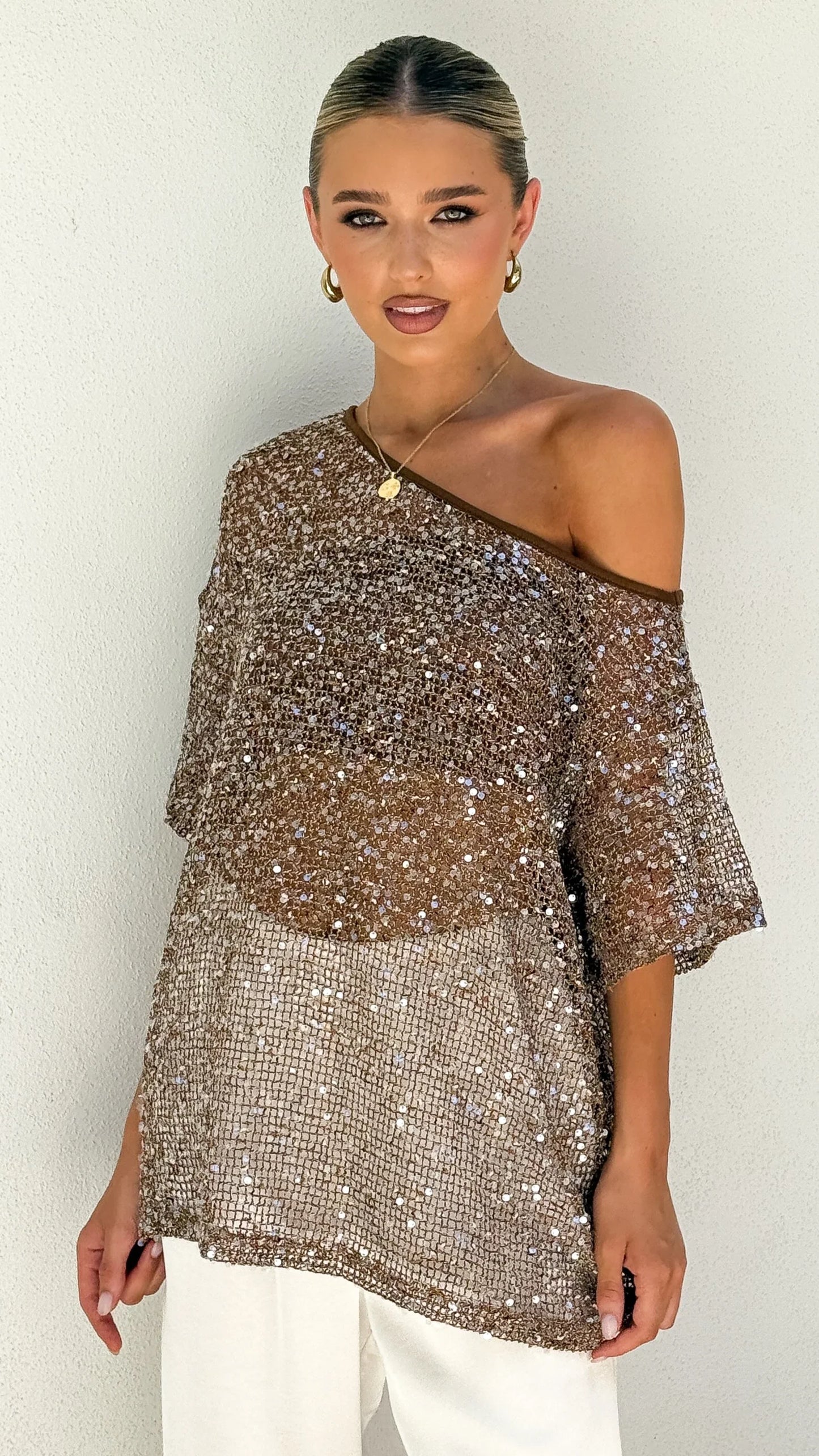 Zinnie Sequins Off Shoulder Top Mocha