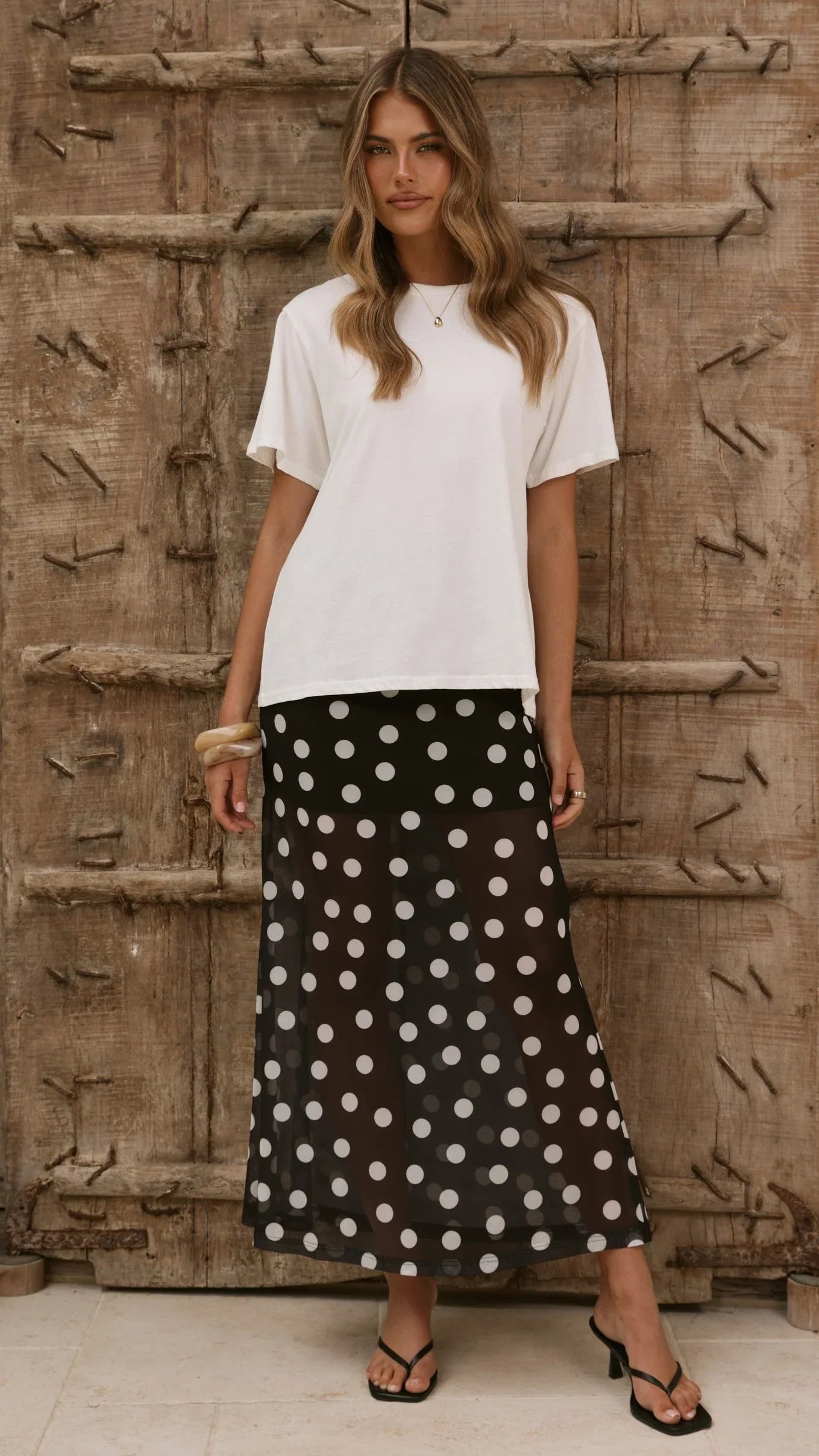 Onella Semi Sheer Maxi Skirt Black White Polka Dot