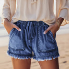 Boho Drawstring Frayed Denim Shorts