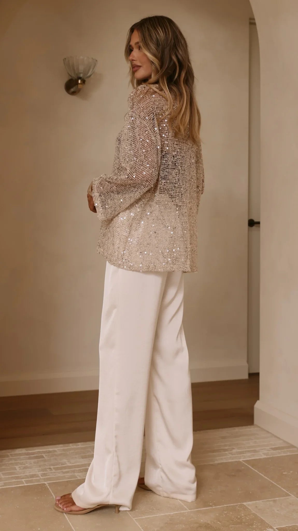 Zahni Sequins Long Sleeve Top Beige