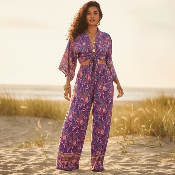 Purple Floral Kimono Wide Leg Pants Set
