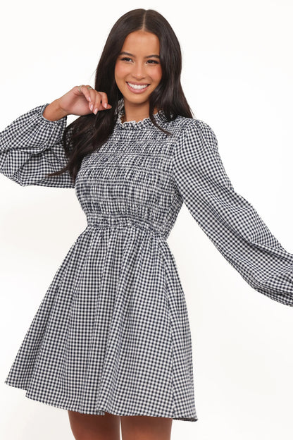 Jessen Long Sleeve Mini Dress Navy Gingham