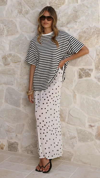 Elisha T Shirt and Sheer Maxi Skirt Set Black White Stripe and Polka Dot
