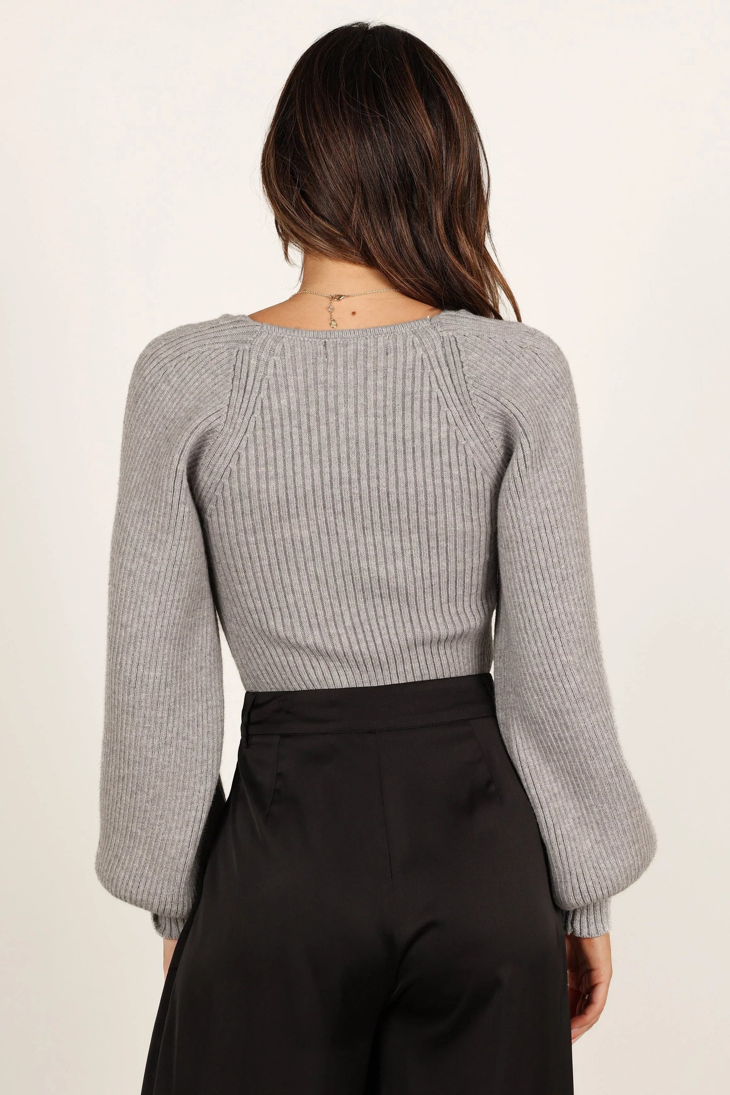 Gia Sweetheart Neck Bell Sleeve Knit Sweater Light Grey