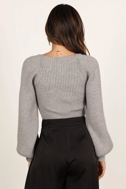 Gia Sweetheart Neck Bell Sleeve Knit Sweater Light Grey