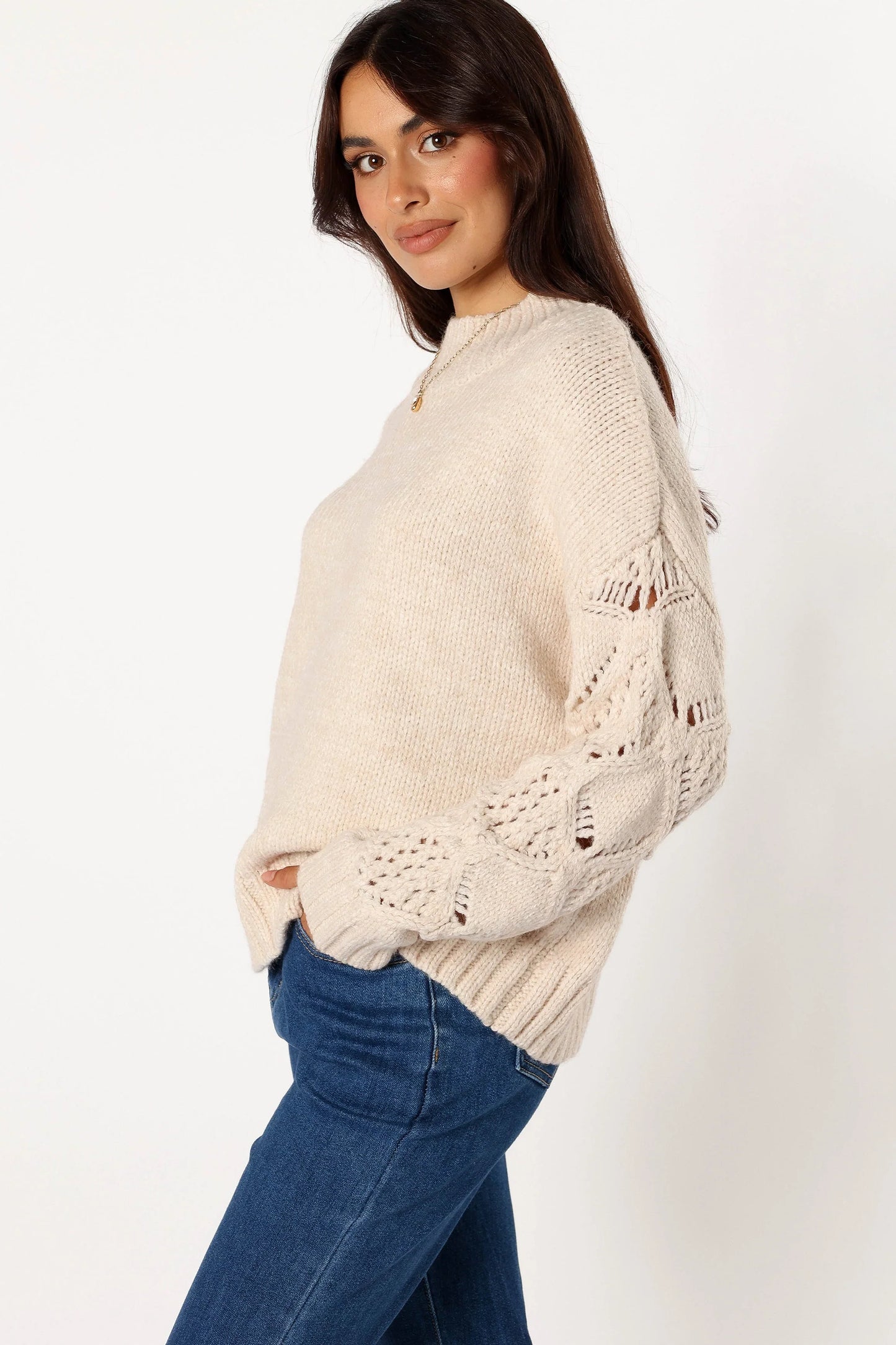 Rebekah Crochet Sleeve Knit Sweater Cream