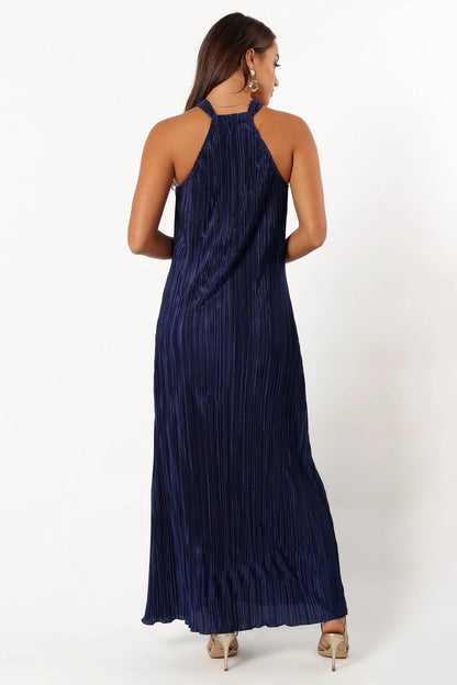 Melody Plisse Halter Maxi Dress Navy