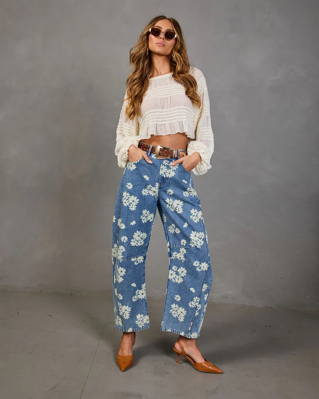Daisy Ridge Rigid Barrel Leg Mid Rise Floral Jeans