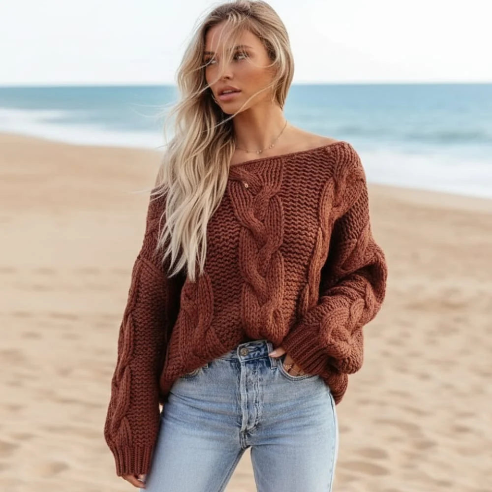 Boho Off Shoulder Cable Knit Sweater