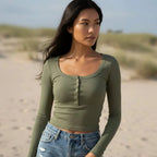 Ribbed Henley Long Sleeve Crop Top