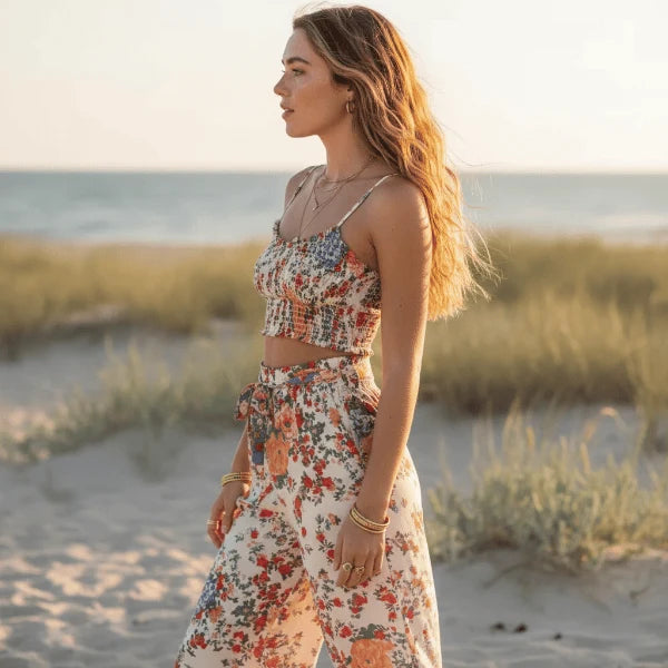 Off White Floral Crop Top Wide Leg Pants Set