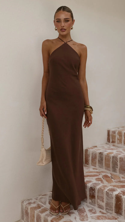 Chiara Linen Maxi Dress Chocolate