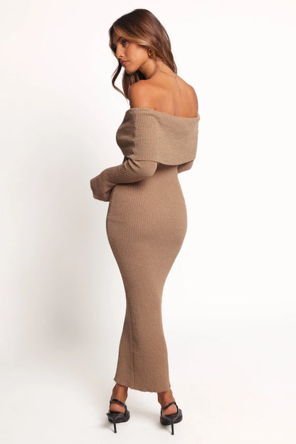 Domitia Off Shoulder Knit Dress Brown