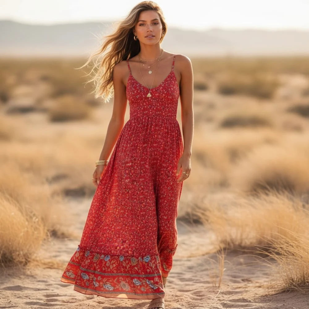 Floral Spaghetti Strap Backless Maxi Dress