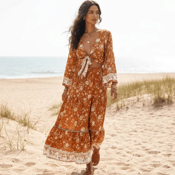 Rust Floral Crop Top Maxi Skirt Set