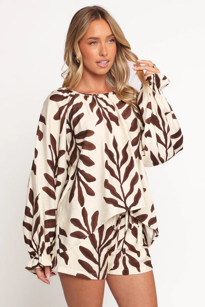 July Long Sleeve Smock Top Brown Palm