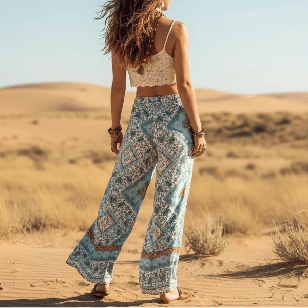 Turquoise Mosaic Boho Wide Leg Pants