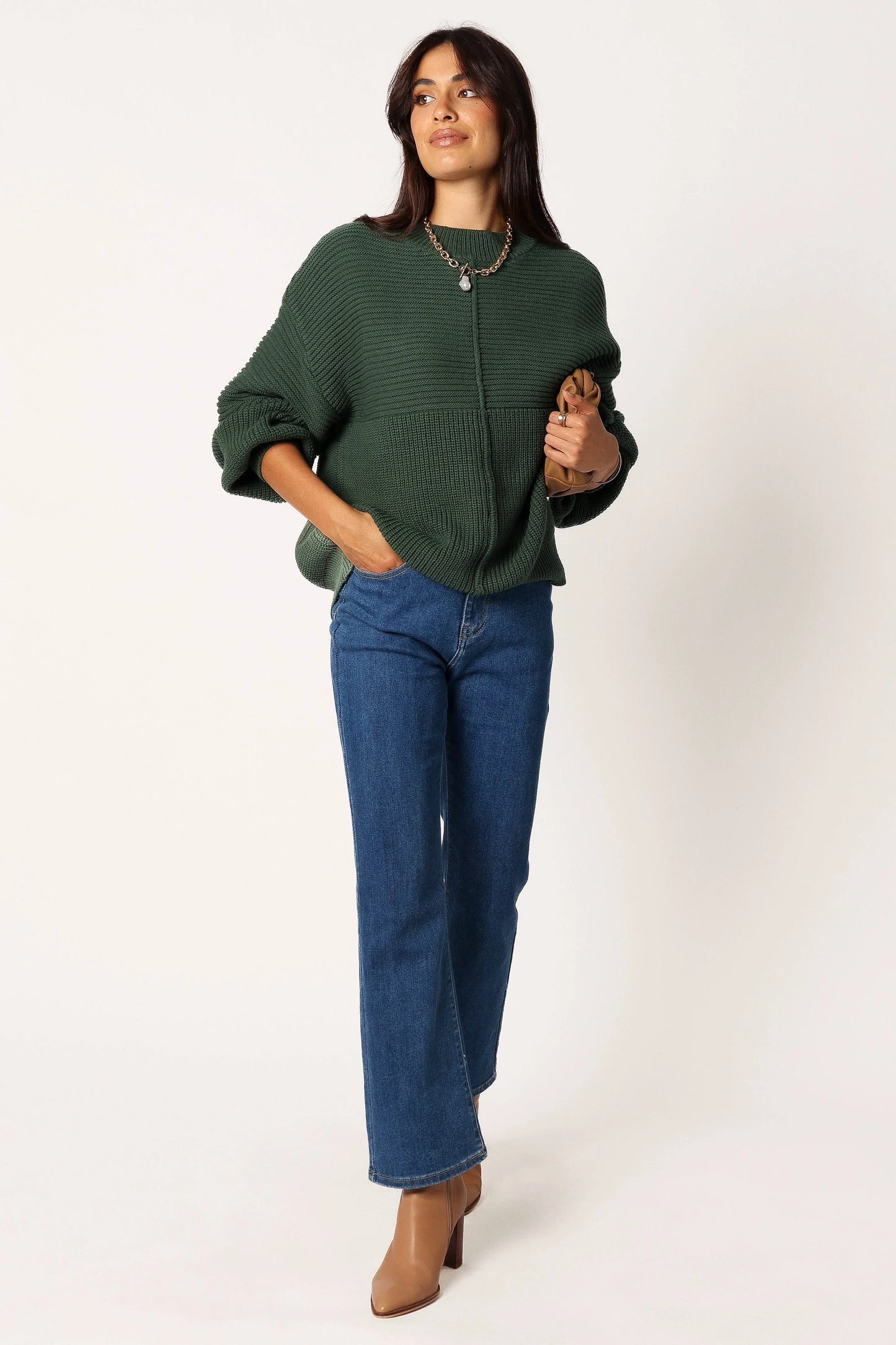 Meredith Ribbed Crewneck Knit Sweater Green