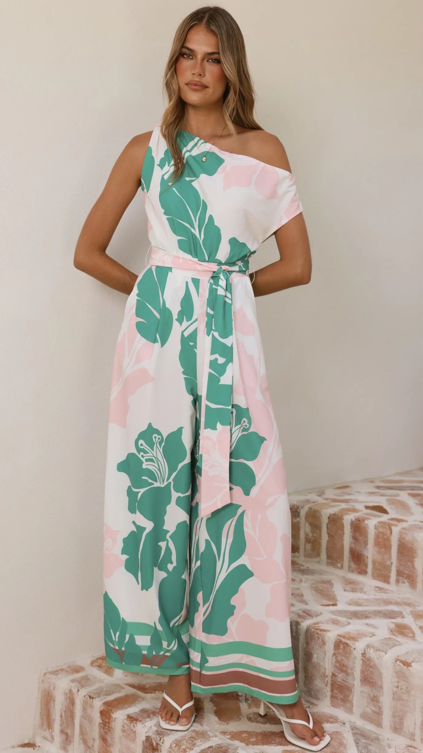 Oasis One Shoulder Jumpsuit Pink Green