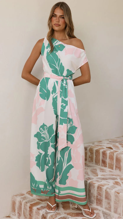 Oasis One Shoulder Jumpsuit Pink Green