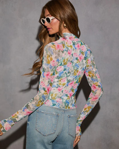 Kathleen Floral Mesh Mockneck Top