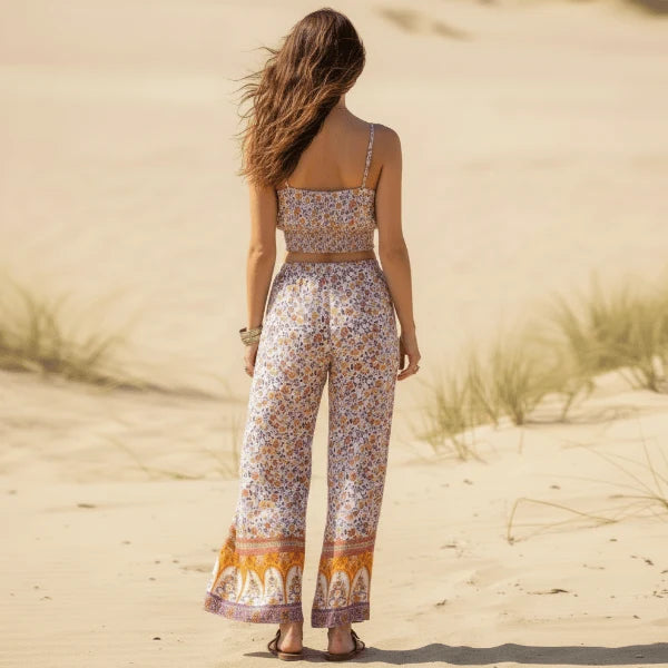 Dusty Rose Floral Crop Top Wide Leg Pants Set