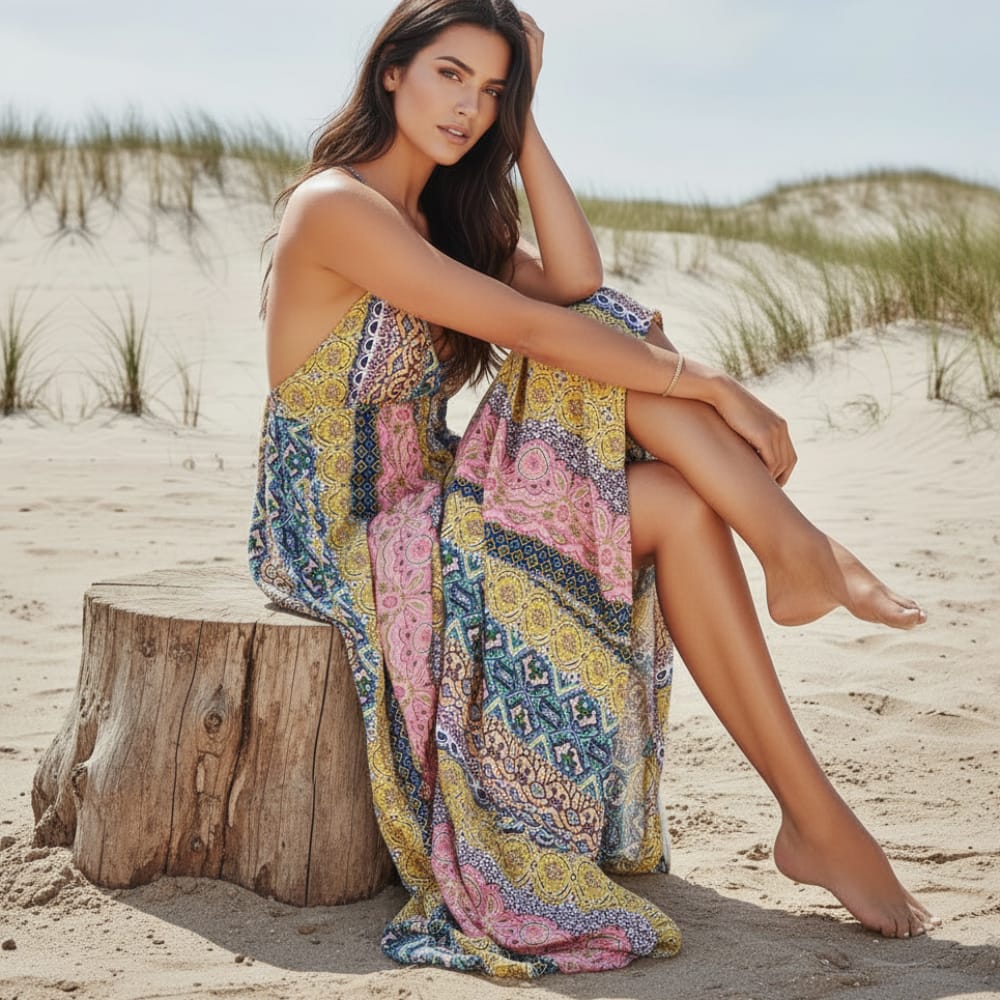Sexy Deep V Neck Bohemian Print Maxi Dress