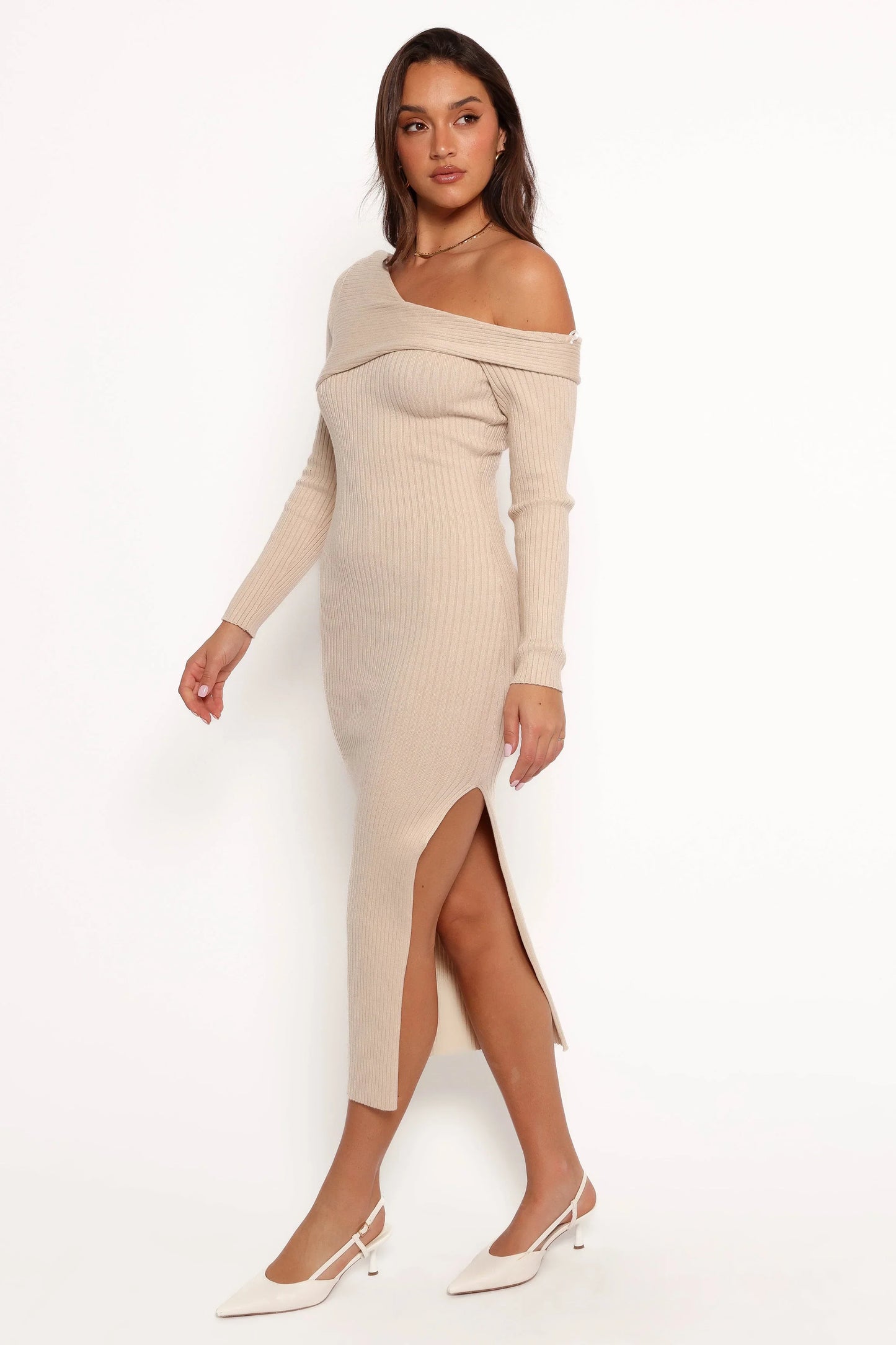 Cammie Long Sleeve Midi Dress Beige