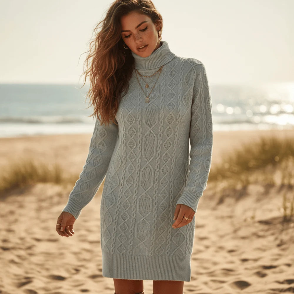 Boho Turtleneck Cable Knit Sweater Dress