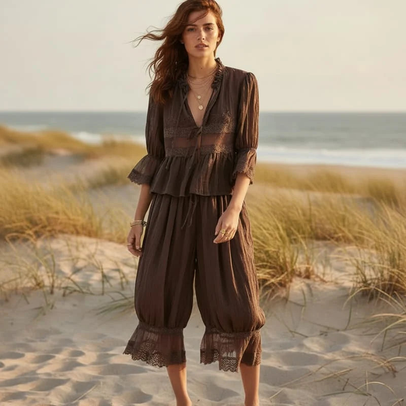 Boho Lace Trim 2 Piece Pants Set