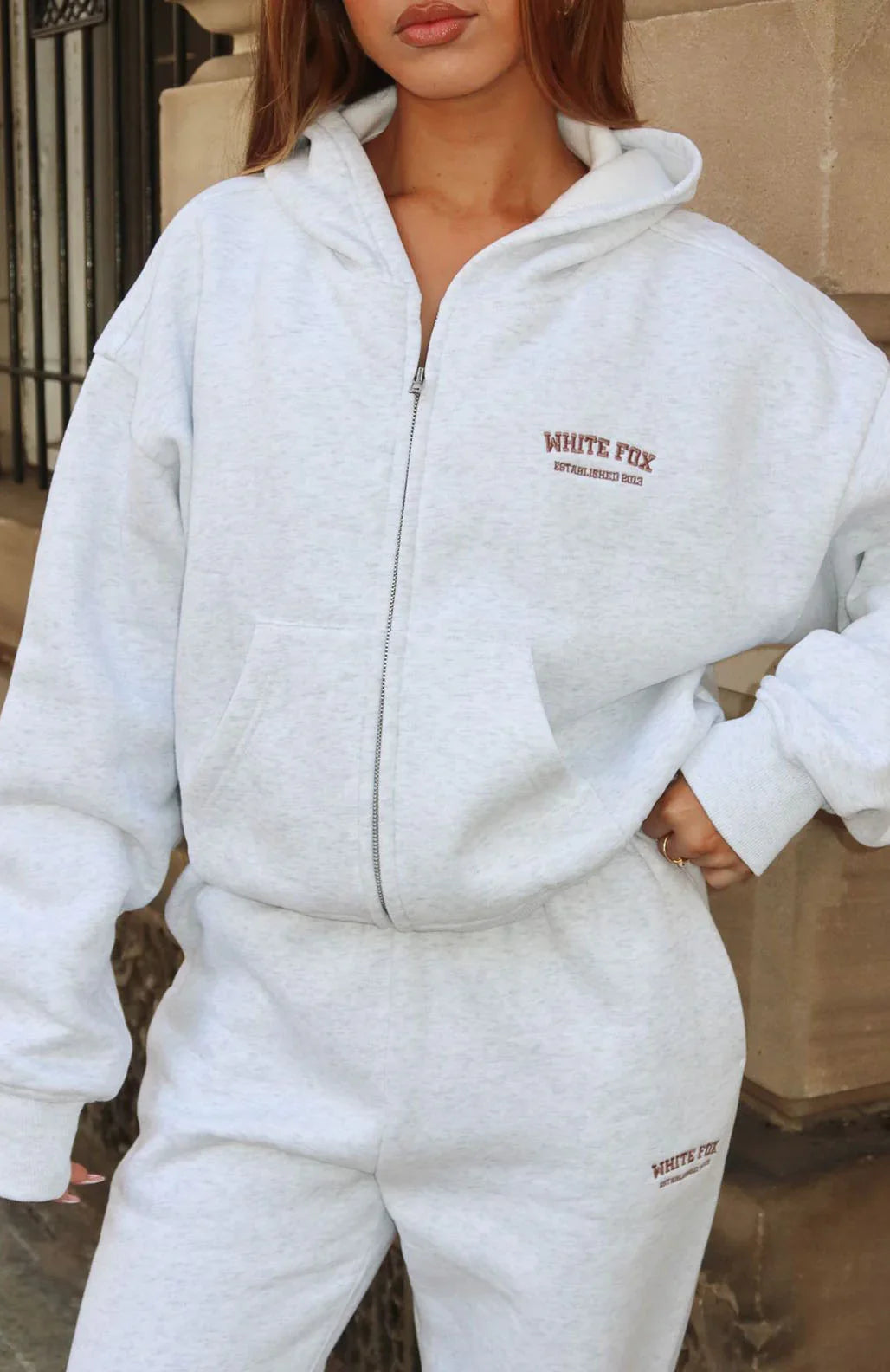 Cant Miss It Boxy Zip Front Hoodie Grey Marle Rose Gold