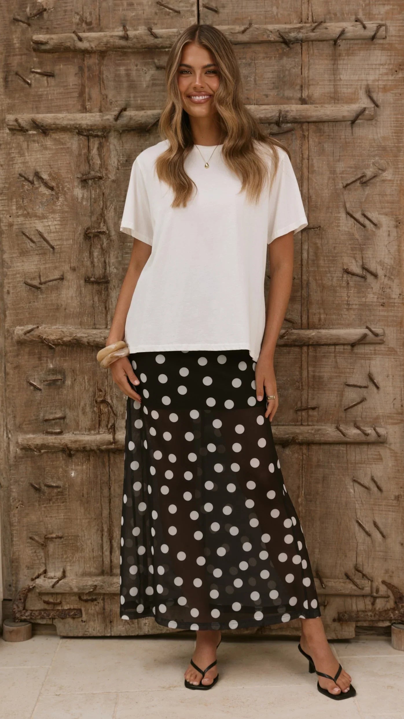 Onella Semi Sheer Maxi Skirt Black White Polka Dot