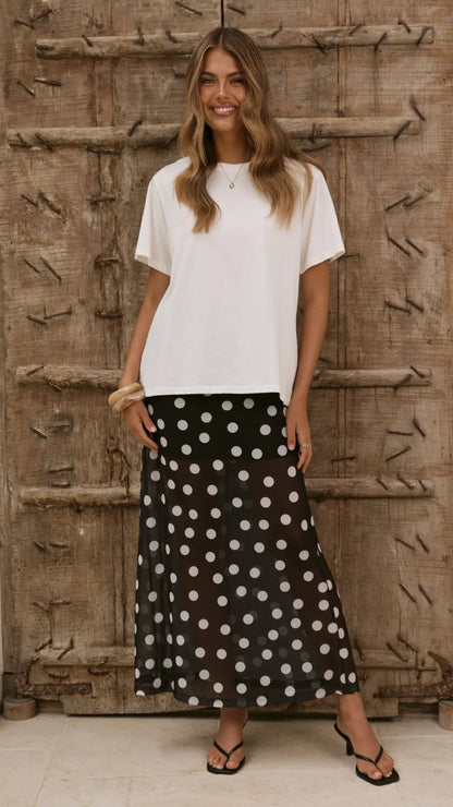 Onella Semi Sheer Maxi Skirt Black White Polka Dot