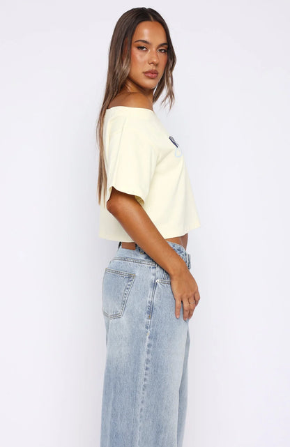 Ive Got That Feeling Boxy Off Shoulder Tee Lemon
