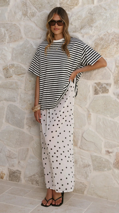 Elisha T Shirt and Sheer Maxi Skirt Set Black White Stripe and Polka Dot