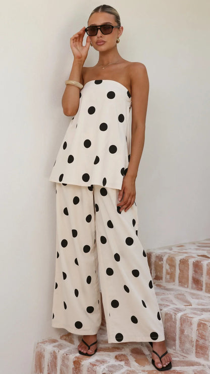 Hazelle Strapless Top Beige Black Polka Dot