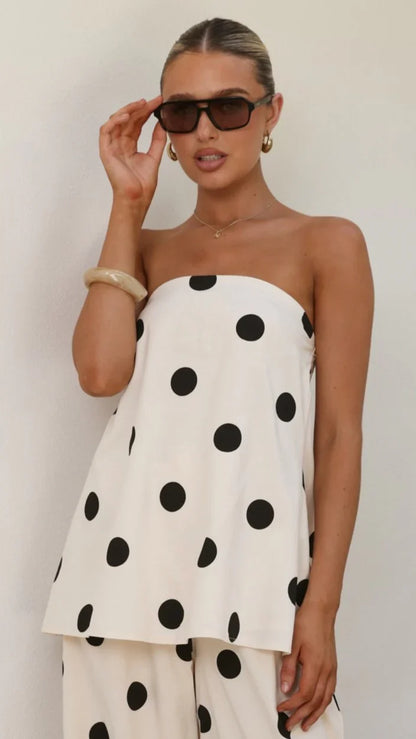 Hazelle Strapless Top Beige Black Polka Dot