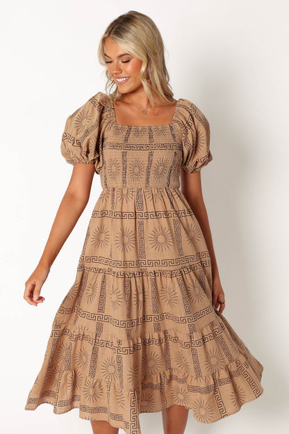 Soliel Puff Sleeve Midi Dress Tan Black
