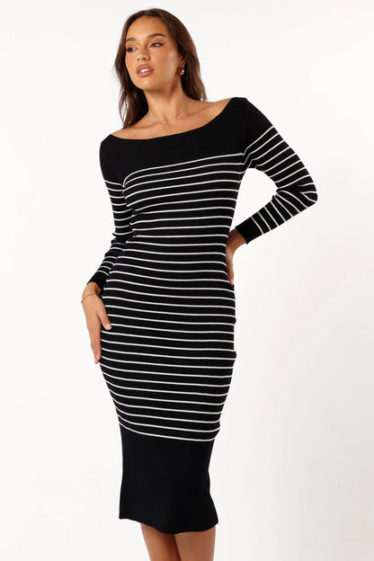 Baxtor Off the Shoulder Midi Dress White Black
