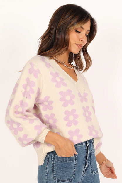 Remi Vneck Flower Knit Sweater Lilac