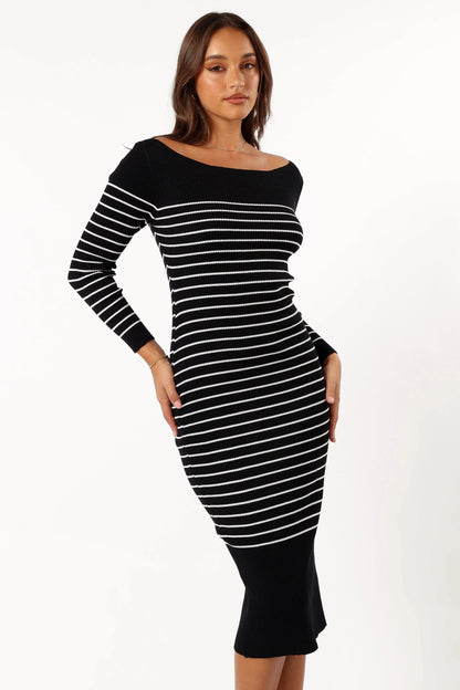 Baxtor Off the Shoulder Midi Dress White Black